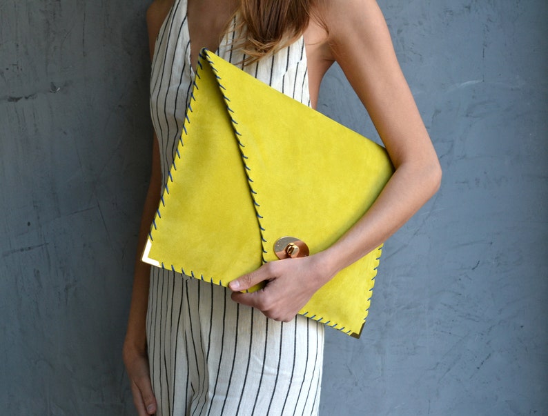 Soft Symmetria Clutch / Yellow leather clutch bag / Large clutch /Yellow suede handbag / Envelope clutch / Laptop case 15 / Business bag image 2