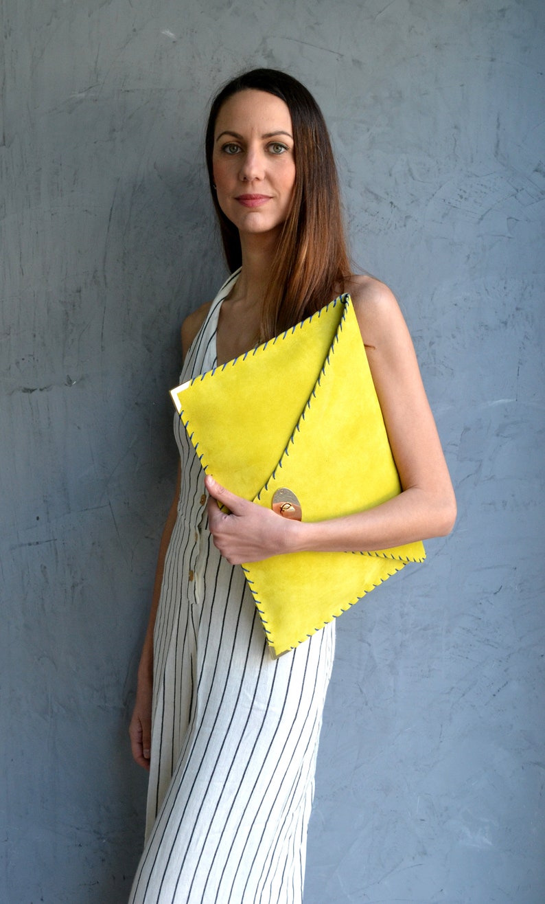 Soft Symmetria Clutch / Yellow leather clutch bag / Large clutch /Yellow suede handbag / Envelope clutch / Laptop case 15 / Business bag image 5