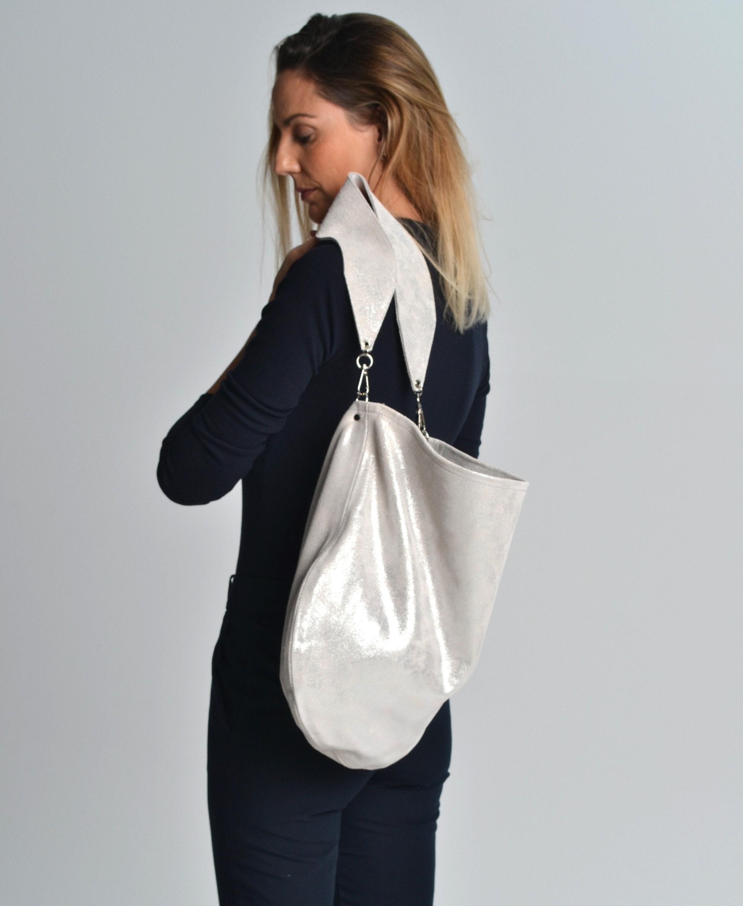 Anna Suede Silver Hobo Bag Silver Suede Leather Bag Silver Large Shoulder Bag Silver Metallic Handbag Big Leather Bag Silver Tote Bag Etsy Ireland