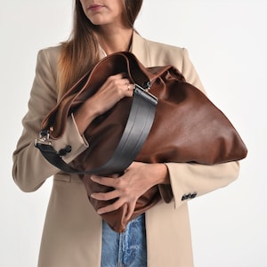 Akathi brown bag, Brown leather shopper bag, Brown large leather tote, Brown handbag, Huge leather bag, Large hobo bag, Tabac shoulder bag