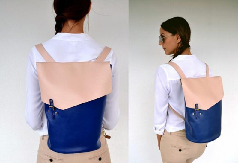 Blue and nude leather backpack Handmade leather bag Italian cow high quality leather
