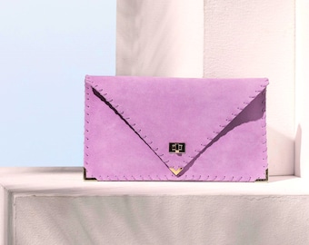 Lillac suede leather clutch bag, Lillac leather handbag, Leather envelope clutch, Purple clutch bag, Purple handbag, Leather evening bag