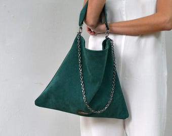Green Suede Leather Shoulder Bag: Italian Handmade Tote