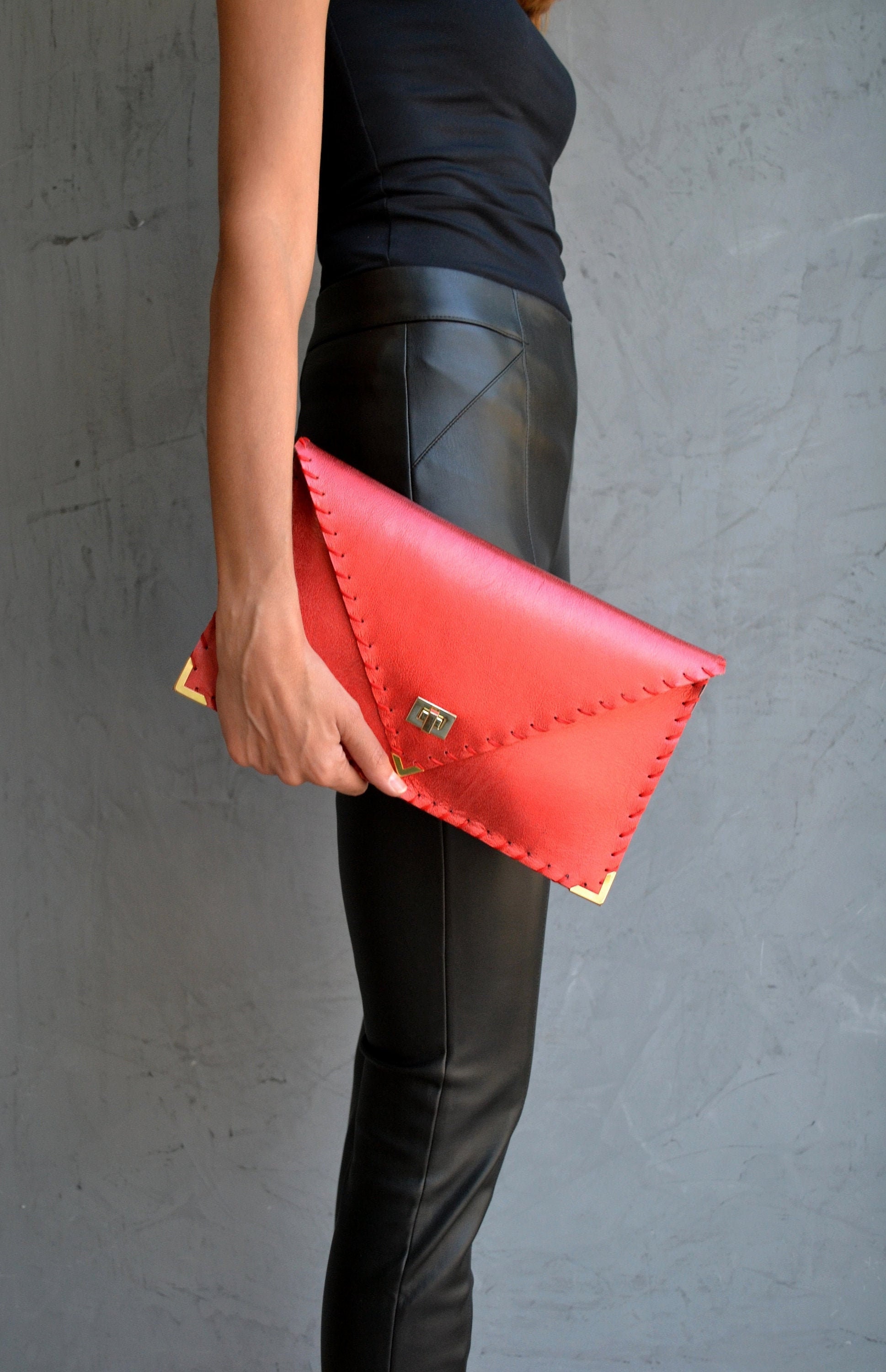 Red Leather Clutch Bag Red Metallic Symmetria Clutch Red Etsy Ireland