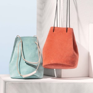 Ioli suede bucket bag in many colors, Aqua, Bordeaux, Coral, Beige, Orchidea, Blue, Jeans, Wasabi bag, Blue purse, Coral shoulder bag