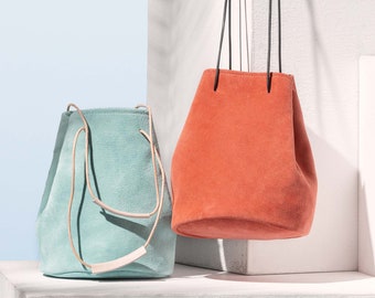 Ioli suede bucket bag in many colors, Aqua, Bordeaux, Coral, Beige, Orchidea, Blue, Jeans, Wasabi bag, Blue purse, Coral shoulder bag