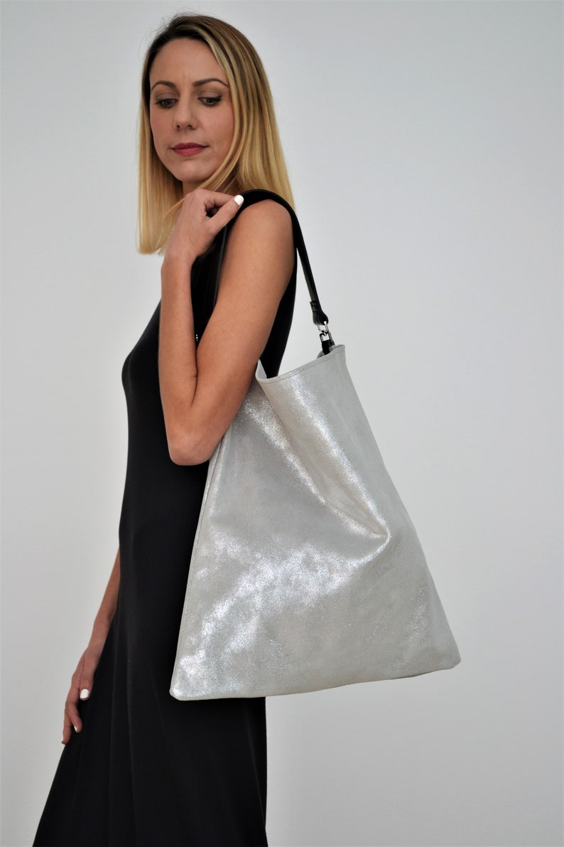 Akathi sparkling silver bag, Silver leather hobo bag, Silver large shoulder bag, Silver handbag, Big leather bag, Shopper bag, Tote bag image 5