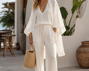 3 Piece Linen Set for Women, Kimono Cardigan, Wide Leg Pants & Tank Top, Boho Summer Outfit, Resort Wear, Vacation Clothing