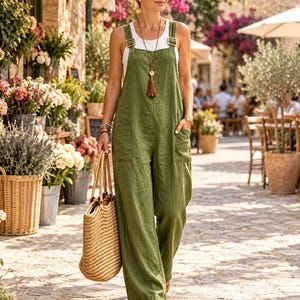 Peto de lino para mujer, mono holgado de pierna ancha, peto con tirantes ajustables y bolsillos, conjunto bohemio de verano.