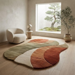 Handgetuft wollen vloerkleed, modern abstract organisch gevormd tapijt, terracotta en olijfgroene woonkamerdecoratie, luxe designkleed