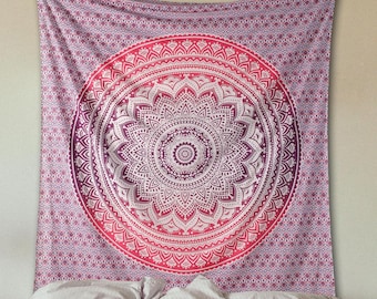 Handmade Indian Pink Ombre Mandala Tapestry,Pink Ombre Mandala Boho Wall Hanging,Indian Mandala Wall Decor, Hippie Bohemian Bedroom Tapestry