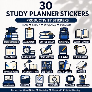 May include: A set of 30 study planner stickers featuring dark blue and white icons for academic tasks. Labels include Academic Goals, Assignment, Coffee Break, Campus, Current Chapter, Deadline, Early Study, Essay Writing, Exam, Flashcards, Notes, and more.