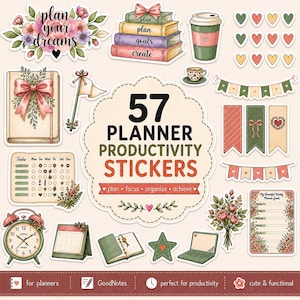 May include: A collection of 57 planner productivity stickers featuring illustrations of books, a coffee cup, hearts, bunting, a task tracker, an alarm clock, a calendar, a laptop, and floral arrangements with text including 57 PLANNER PRODUCTIVITY STICKERS.