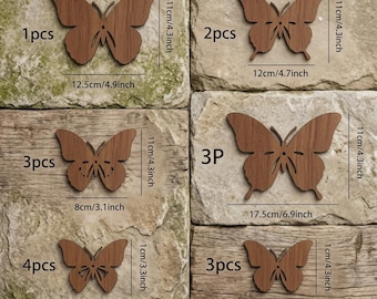 May include: Six brown wooden butterfly cutouts with varying dimensions. The 1pcs butterfly measures 4.3 inches by 4.9 inches. The 2pcs butterfly is 4.3 inches by 4.7 inches. The 3pcs butterfly is 4.3 inches by 3.1 inches. The 3P is 4.3 inches by 6.9 inches.
