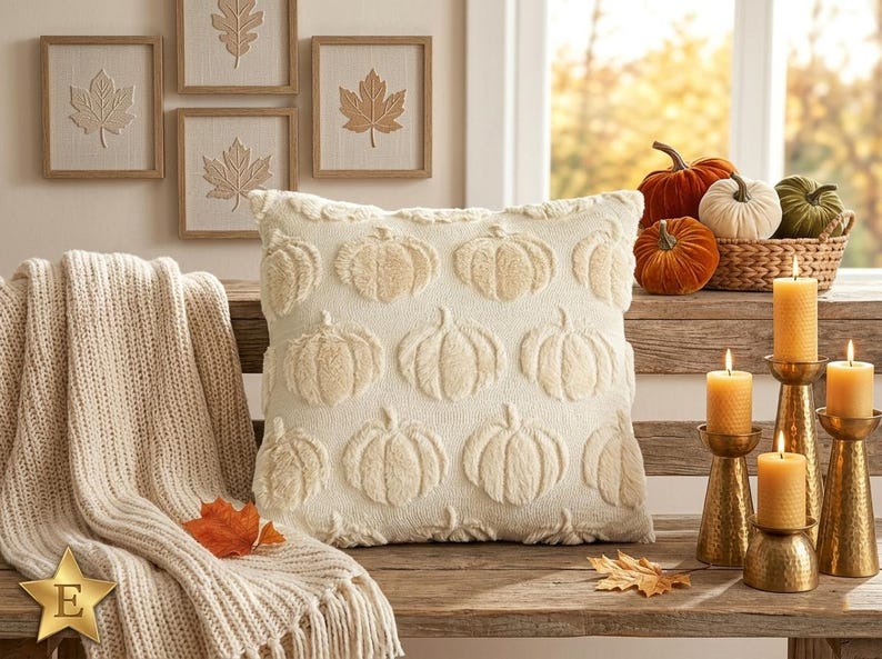 May include: A square cream-colored throw pillow featuring a raised, textured pumpkin pattern across the front. The pillow is displayed alongside a cream knit throw blanket, several small decorative pumpkins in a basket, and four gold-toned candle holders.