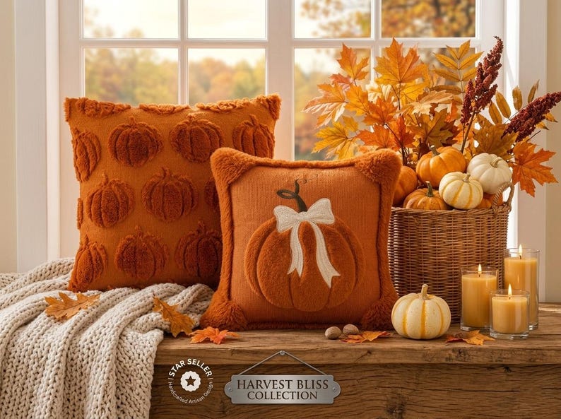 May include: Two square orange throw pillows, one featuring a repeating tufted pumpkin pattern and the other a single large tufted pumpkin with a white ribbon bow. A wicker basket holds small pumpkins and autumn leaves near two lit pillar candles.