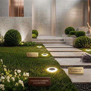 May include: Round solar-powered garden lights embedded in a green lawn along a stone walkway. The lights emit a warm glow. Text labels on the ground read: "ULTRA-BRIGHT SOLAR DISCS", "ALL-WEATHER DURABILITY", and "PREMIUM GARDEN COLLECTION".