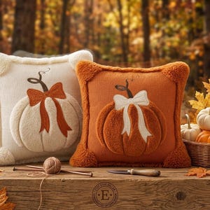 May include: Two square throw pillows with a knit texture and plush pumpkin appliqu&eacute;s. The left pillow is cream with an orange bow, and the right is orange with a cream bow. Both feature fuzzy corner accents and a central stem detail.