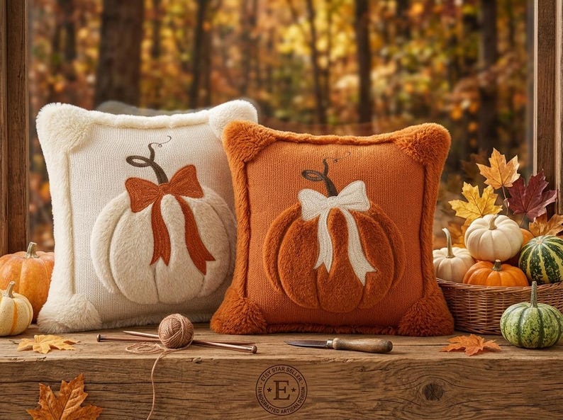 May include: Two square throw pillows with a knit texture and plush pumpkin appliqu&eacute;s. The left pillow is cream with an orange bow, and the right is orange with a cream bow. Both feature fuzzy corner accents and a central stem detail.