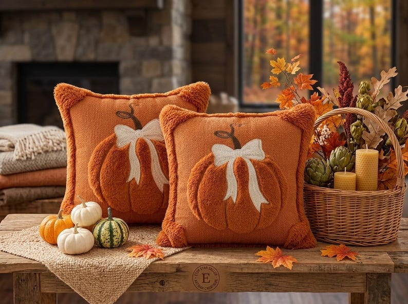 May include: Two square orange throw pillows featuring a textured, raised pumpkin design with a white embroidered bow. The pillows have a fuzzy, tufted border and are displayed alongside small decorative pumpkins and a woven basket of autumn decor.