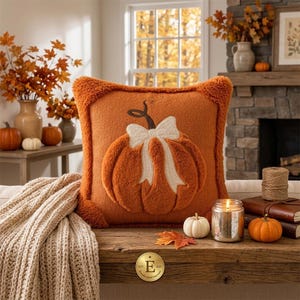 May include: A square, burnt orange, textured throw pillow featuring a plush, raised pumpkin design in the center. The pumpkin is accented with a cream-colored fabric bow tied around its stem. The pillow has a soft, fuzzy, fleece-like finish.