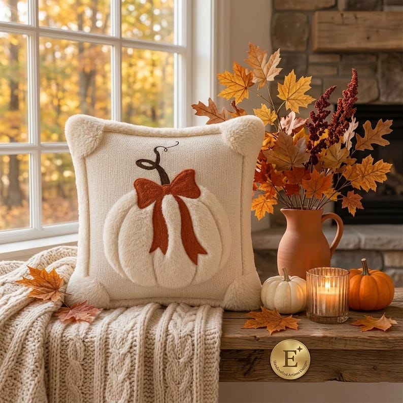 May include: A square cream-colored knit throw pillow featuring a plush, raised white pumpkin applique with a dark brown stem and a burnt orange bow. The pillow has soft, fuzzy corner accents and is displayed with autumn decor and a candle.