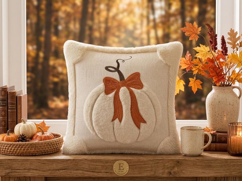 May include: A square cream-colored knit throw pillow featuring a plush, raised white pumpkin design in the center. The pumpkin is accented with a dark brown stem and a prominent, textured orange bow tied around the top of the pumpkin shape.