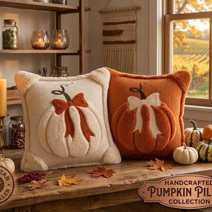 May include: Two square throw pillows featuring plush, raised pumpkin designs. One pillow is cream-colored with a burnt orange pumpkin and bow, while the other is burnt orange with a cream-colored pumpkin and bow. Both have soft, textured surfaces.