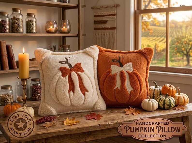 May include: Two square throw pillows featuring plush, raised pumpkin designs. One pillow is cream-colored with a burnt orange pumpkin and bow, while the other is burnt orange with a cream-colored pumpkin and bow. Both have soft, textured surfaces.