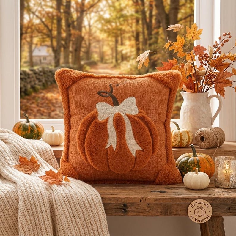 May include: A square, burnt orange knit throw pillow featuring a plush, raised pumpkin applique with a cream-colored embroidered bow. The pillow has fuzzy corner accents and is displayed alongside small decorative gourds and a wooden tag.