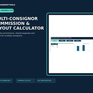 May include: A digital Multi-Consignor Commission & Payout Calculator Excel business system. The dark blue interface displays text, a dashboard preview with financial data, bar charts, and buttons labeled MarginMintTools, Instant Download, and Formula Tested.