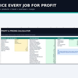 May include: A digital profit and pricing calculator spreadsheet with a dark header reading PRICE EVERY JOB FOR PROFIT. The interface features sections for job inputs, live cost build-up, and price check with columns of data and numerical values.