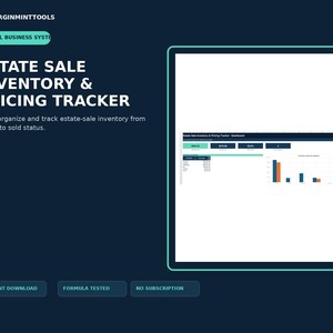 Puede incluir: Un sistema empresarial de Excel Estate Sale Inventory & Pricing Tracker con fondo azul oscuro. La interfaz muestra un panel con tablas de datos, métricas resumidas y un gráfico de barras para realizar el seguimiento del inventario.