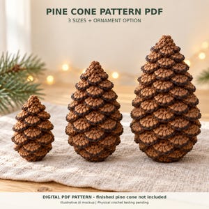 May include: Three crochet pine cones in varying sizes, crafted with light brown yarn and dark brown edges. The text reads: PINE CONE PATTERN PDF, 3 SIZES + ORNAMENT OPTION, DIGITAL PDF PATTERN - finished pine cone not included, Illustrative AI mockup.