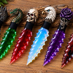 Puede incluir: Seis dagas decorativas con hojas dentadas y translúcidas en negro, verde, rojo, azul claro, morado y rojo-negro. Cada mango presenta un remate esculpido único: un lobo, un dragón, una calavera, un águila, una rosa morada y una serpiente.