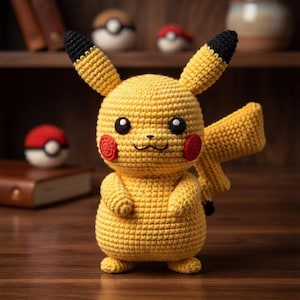 Puede incluir: Un peluche de ganchillo amarillo con cuerpo redondeado, dos orejas largas con puntas negras, mejillas circulares rojas y una cola en forma de rayo. La figura tiene ojos negros pequeños y una boca cosida, hecha con puntadas de hilo visibles.