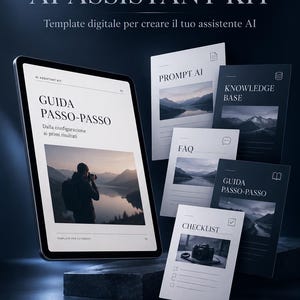 Pode incluir: Um kit de assistente de IA digital exibido na tela de um tablet e várias páginas de documentos flutuantes. O texto inclui AI ASSISTANT KIT, GUIDA PASSO-PASSO, PROMPT AI, KNOWLEDGE BASE, FAQ e CHECKLIST, com fotografias de paisagens.