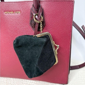 Vintage Black Suede Leather Kisslock Coin Purse Key Fob Bag Charm Patchwork