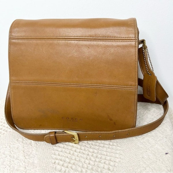 90s Vintage Coach Tribeca Flap Crossbody Bag 9092 Toffee Camel Tan Leather