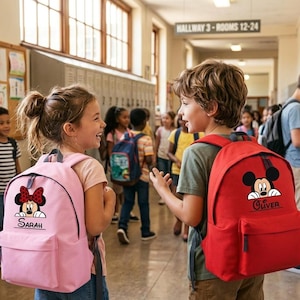 May include: A light pink backpack featuring a Minnie Mouse graphic and the name Sarah, and a bright red backpack featuring a Mickey Mouse graphic and the name Oliver. Both backpacks have a front zippered pocket and are worn by children in a school hallway.