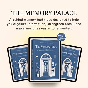 Könnte beinhalten: Drei digitale Tablets zeigen einen blauen Ratgeber mit dem Titel The Memory Palace. Das Cover zeigt einen weißen architektonischen Torbogen, Symbole und den Text A Vedlabs Guidebook. Ein blauer sternförmiger Aufkleber trägt die Aufschrift Master Your Memory.