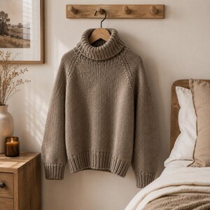 Op de afbeelding: Een beige gebreide trui met een dikke colkraag, lange mouwen met geribbelde boorden en een geribbelde zoom. Het kledingstuk is gemaakt van grof breiwerk met raglanmouwen en hangt aan een houten kledinghanger aan een wandhaak.