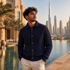 May include: A dark navy blue cable-knit cardigan featuring a collared neckline, long sleeves, and a front button-down closure with five visible buttons. The garment is crafted with a textured vertical knit pattern and ribbed cuffs and hem.