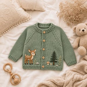 May include: A sage green knit cardigan featuring a button-up front with five wooden buttons. The front displays embroidered details including a brown fawn, a dark green pine tree, small mushrooms, and foliage accents on the lower panels.