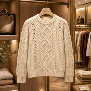 May include: A cream-coloured cable knit jumper with a crew neckline, long sleeves, and ribbed cuffs and hem. The front features a central diamond pattern flanked by vertical cable twists and openwork detailing, hanging on a branded hanger.