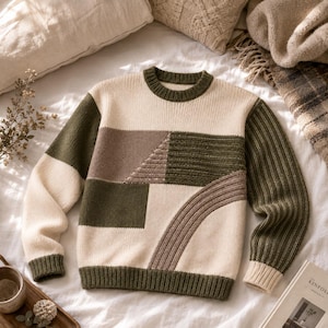 May include: A long-sleeve knit sweater featuring a color-blocked design in cream, olive green, and taupe. The garment has a ribbed crew neckline, cuffs, and hem, with a geometric pattern of rectangular and curved sections across the front.