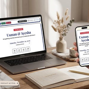 May include: A laptop and a smartphone displaying a digital wedding invitation for Usman and Ayesha on November 29, 2026. The screen shows a countdown timer, the names of the couple, and the text You Are Invited, with a clean white interface.