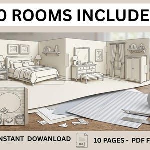 Può includere: Un set di carta stampabile per il fai-da-te che raffigura l'interno di una camera da letto con mobili, tra cui letto, cassettiera, armadio e tende. Il set include 10 pagine in formato PDF da scaricare, un taglierino e un righello metallico.
