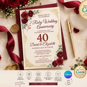 May include: A rectangular invitation card for a Ruby Wedding Anniversary featuring the text Ruby Wedding Anniversary, 40, David & Elizabeth, and event details. The design includes deep red roses, gold filigree borders, and a gold pen.