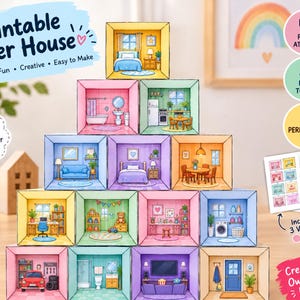 May include: A printable paper house kit featuring 16 individual room designs stacked in a pyramid. Each cube displays a colorful illustrated interior, including bedrooms, kitchens, bathrooms, and living areas. Text includes Printable Paper House, 16 Rooms, 3 Versions, A4 + US Letter sizing, Print at Home, Easy to Cut, Perfect for Kids, Instant Download, and Create Your Own Little House.